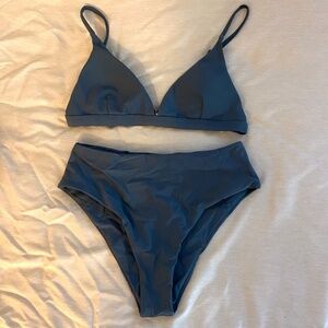 Dusty blue, triangle top and high waisted bottom bikini set